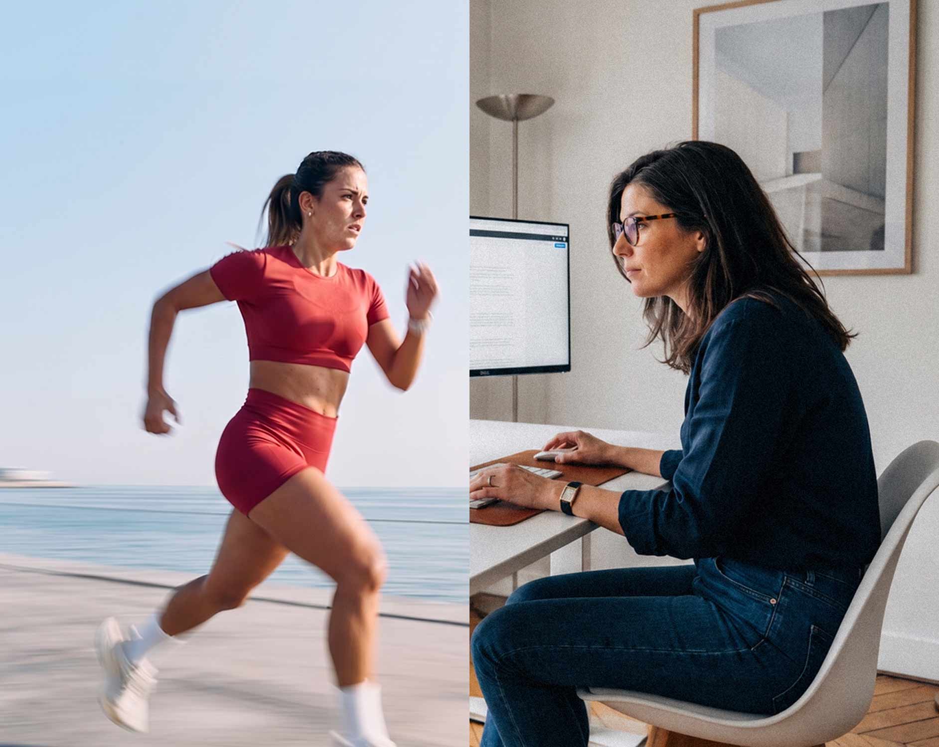 Une coureuse à pleine vitesse et une femme assise, immobile, à son bureau